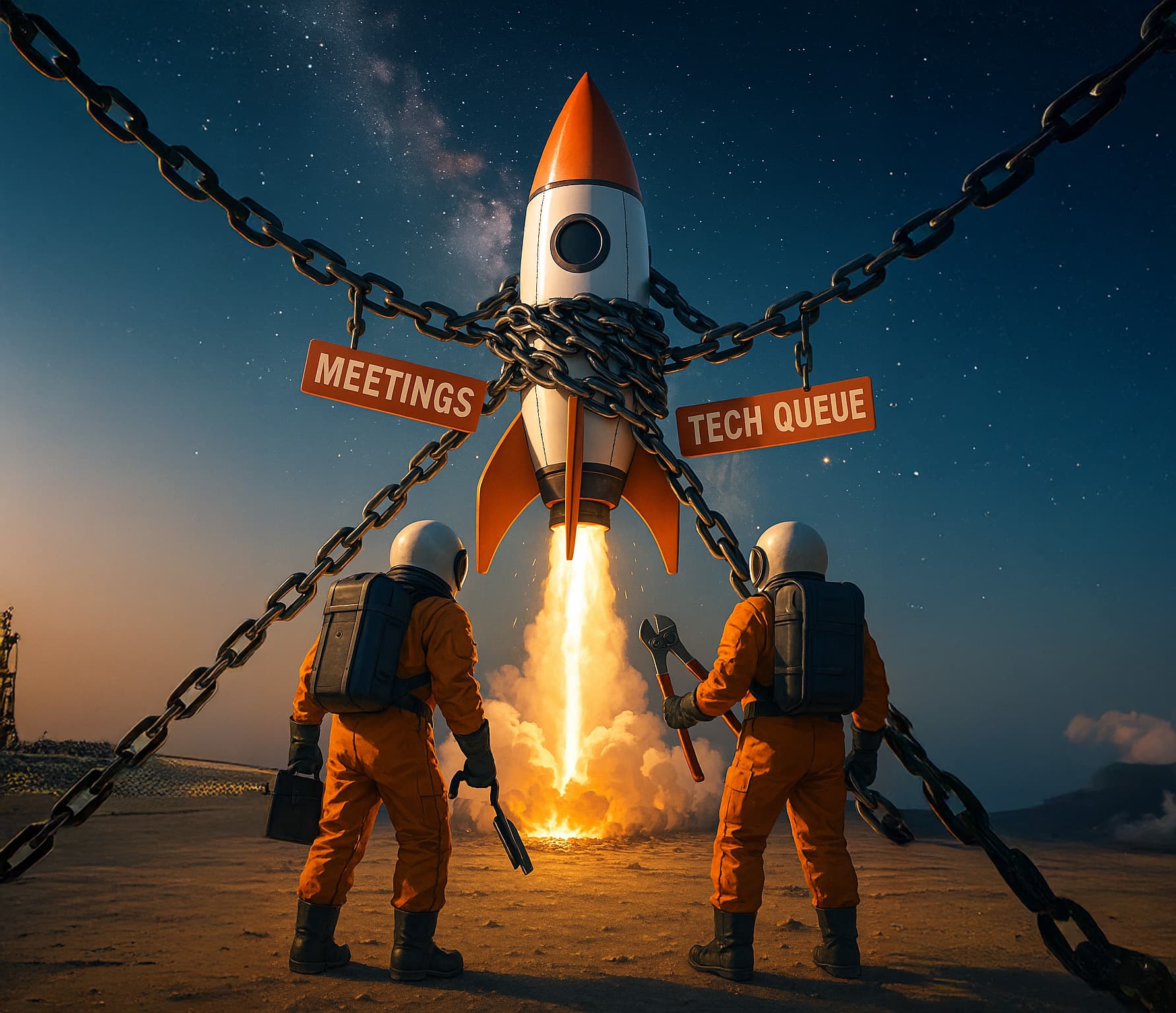 Astronauts freeing a rocket from chains labelled meetings and tech queue
