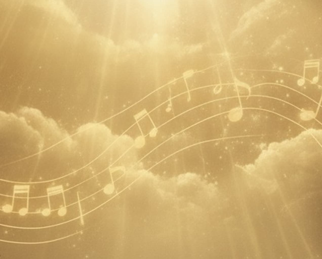 Golden clouds with musical notes rising, symbolizing harmony and growth
