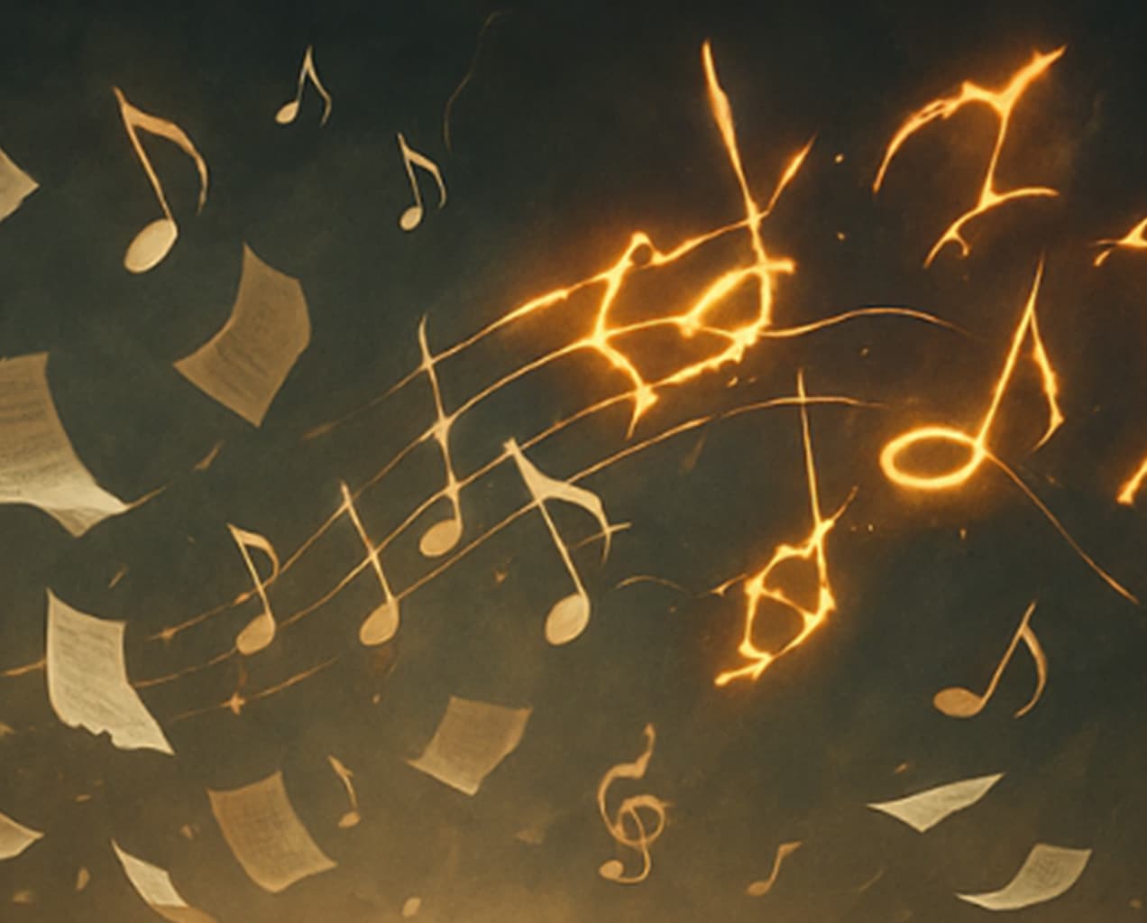 Hellish musical notes and strings conveying chaos and bottlenecks