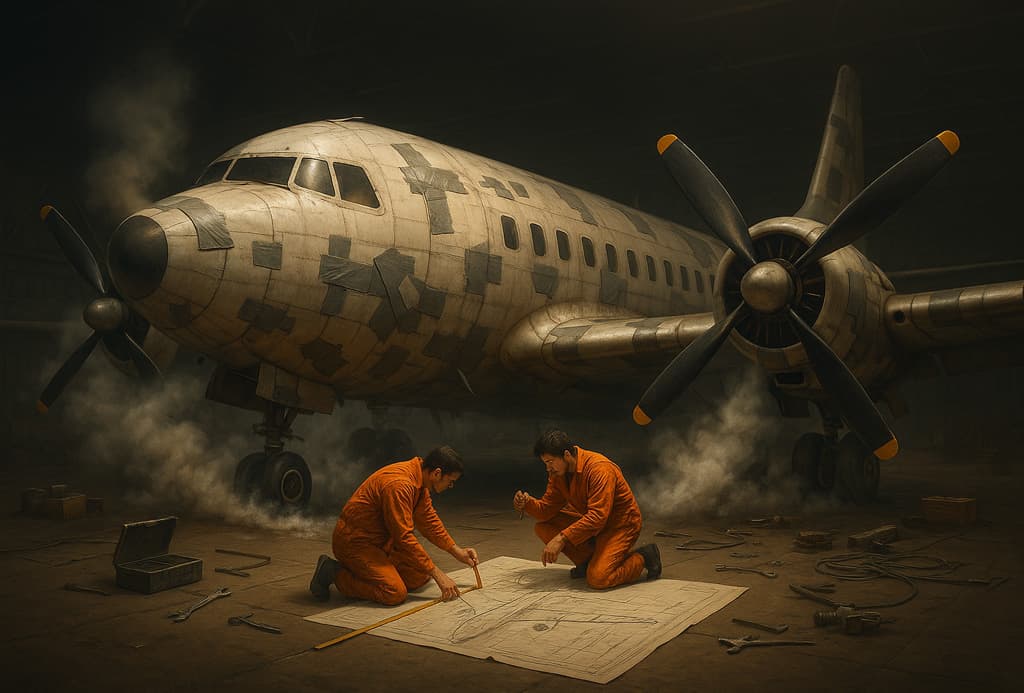 Old patched-up airplane in a hangar with mechanics repairing it and taking measurements to plan a new aircraft.