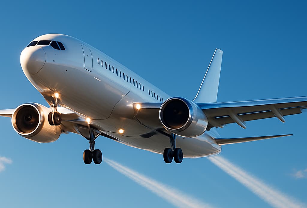 Modern jetliner taking off into a bright sky.
